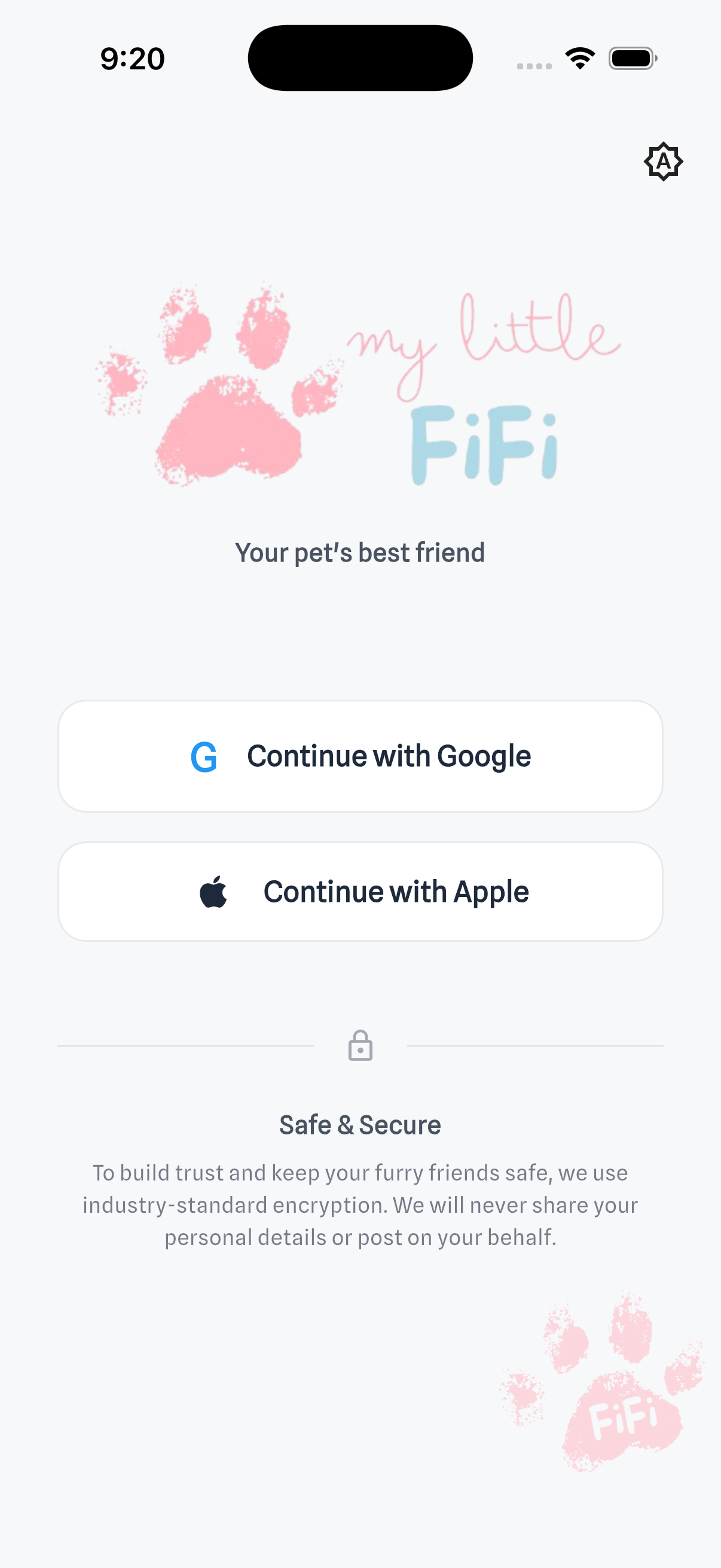 Anmeldebildschirm von My Little FiFi – „Continue with Google“ oder Apple, mit dem Hinweis „safe & secure“ (App-Oberfläche auf Englisch)