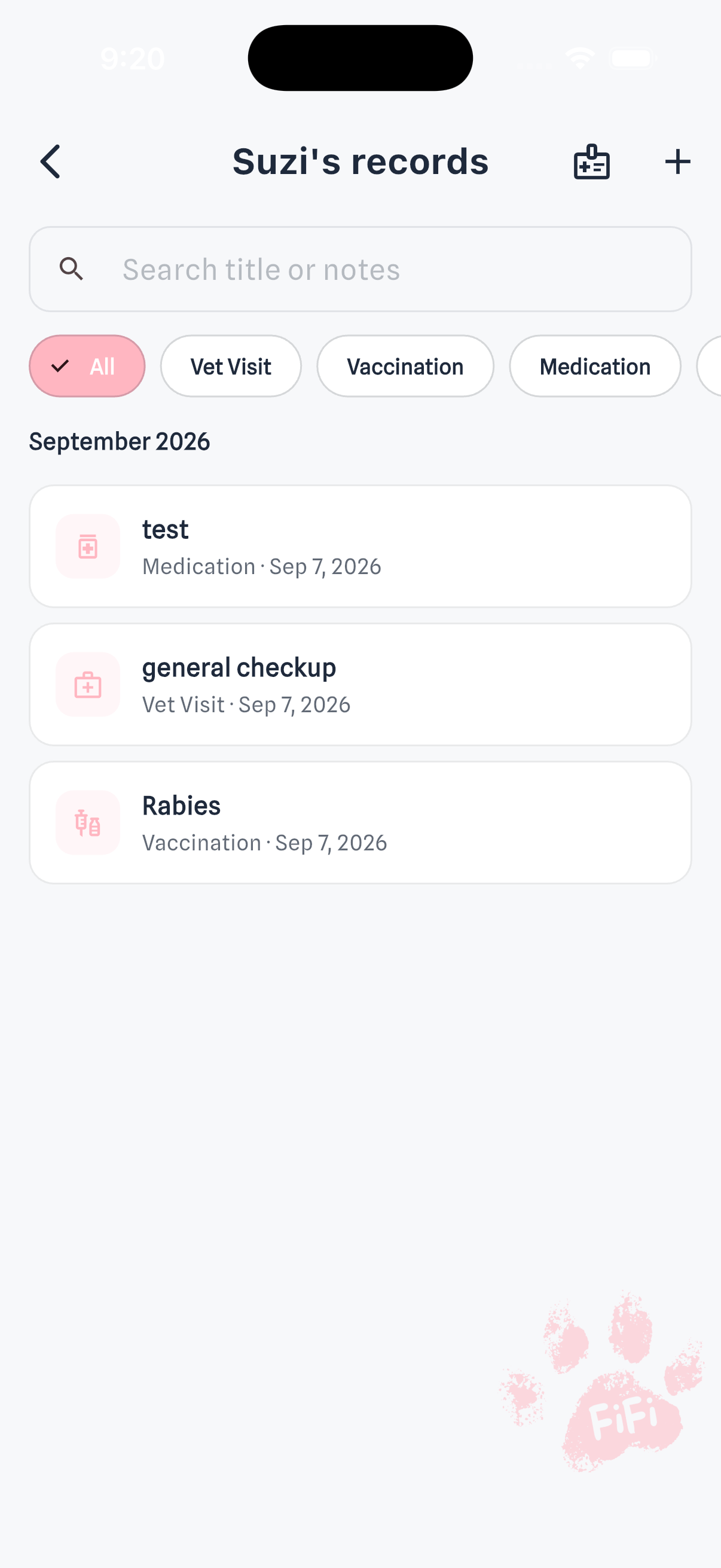 Health records screen with a search box and Vet Visit / Vaccination / Medication filter chips