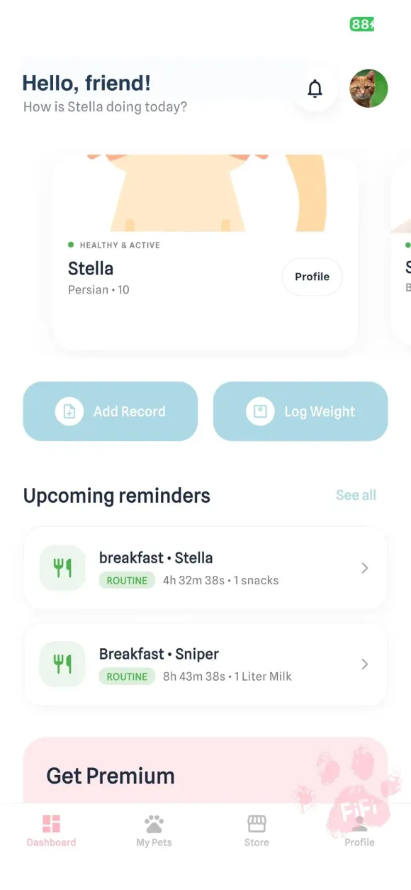 Your daily dashboard — myLittle FiFi app screen