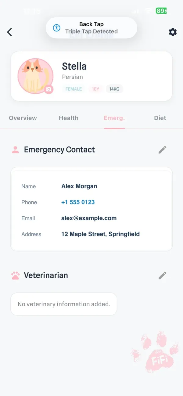 myLittle FiFi emergency screen showing the Back Tap quick-access feature with emergency contact details