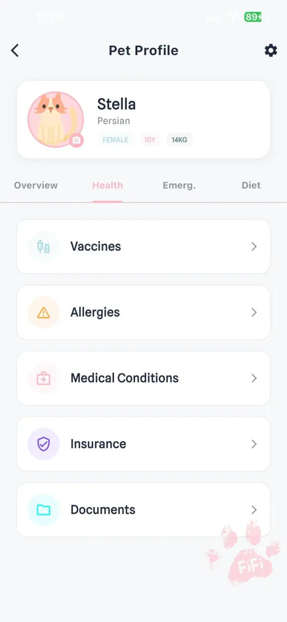 Health, beautifully organized — myLittle FiFi app screen