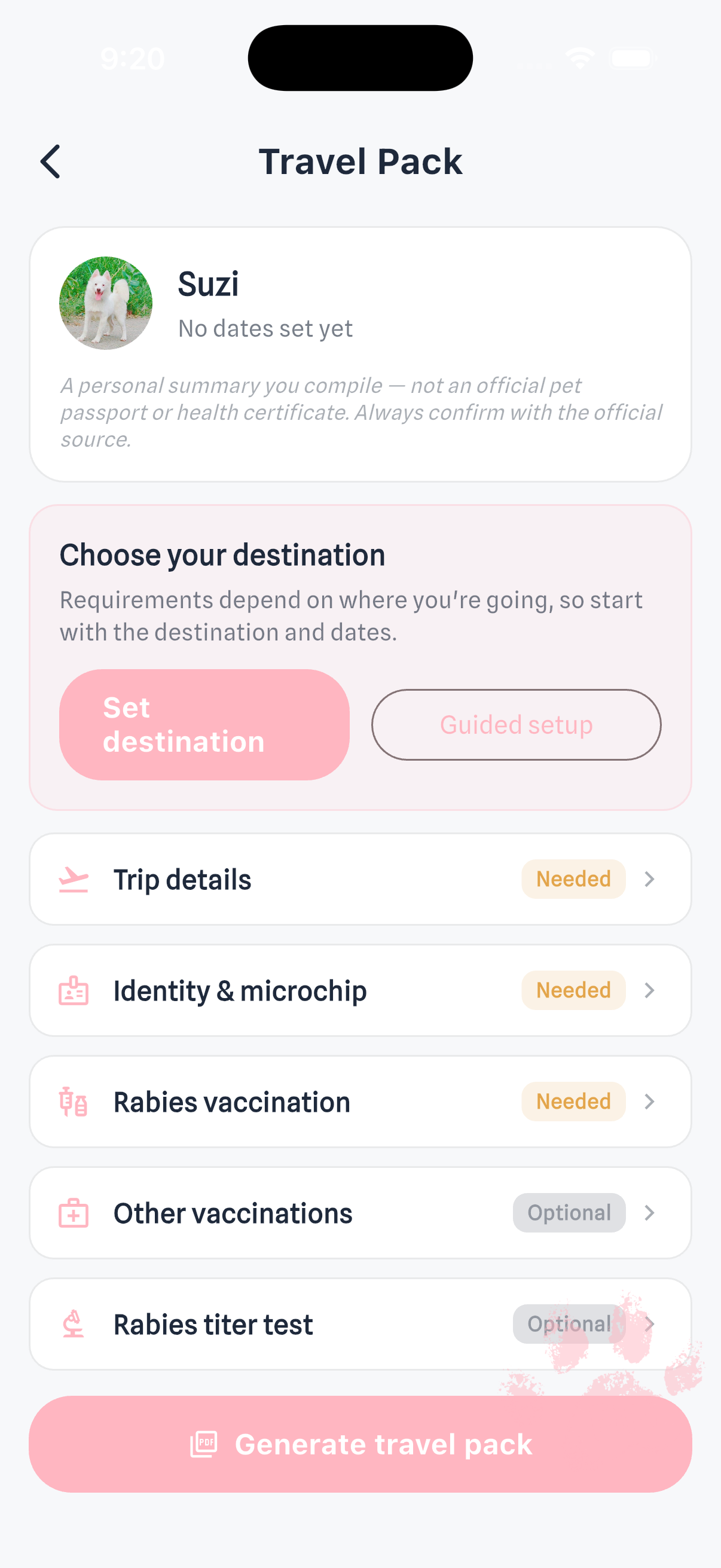 Travel Pack — a destination-driven checklist of microchip, rabies vaccination and titer-test status