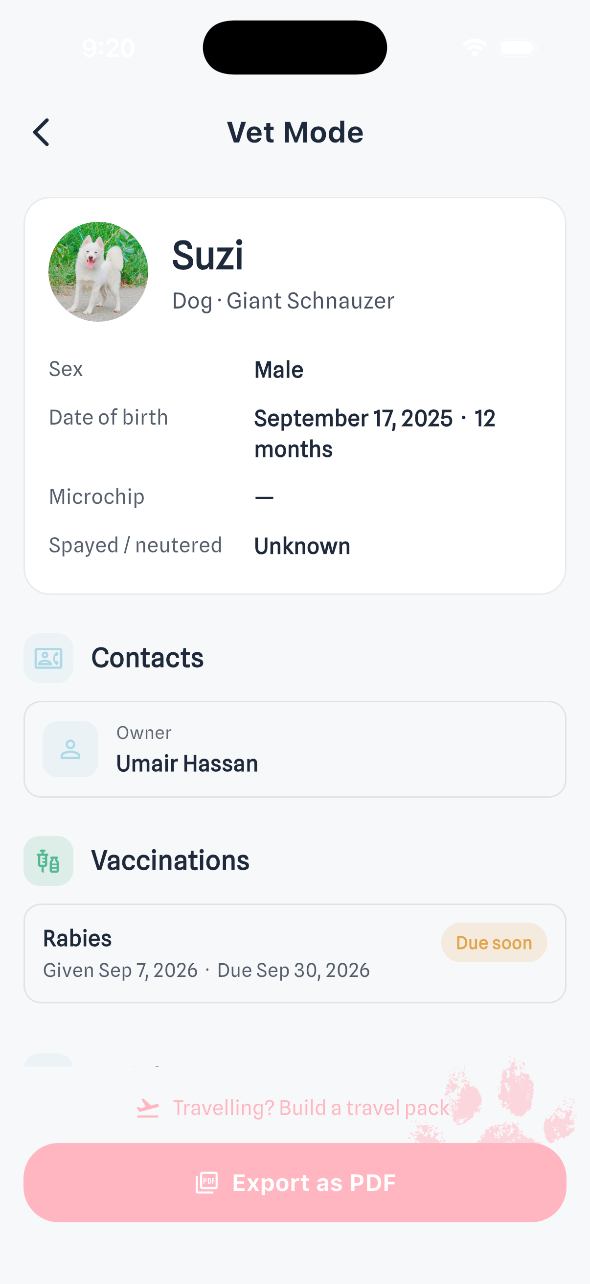Vet Mode — a one-screen clinical summary of identity, microchip, owner contact and vaccinations, exportable as PDF